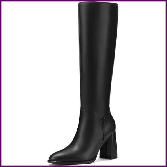 Knee High Boots Chunky Heel Pointed Toe Side Zipper Tall Boots